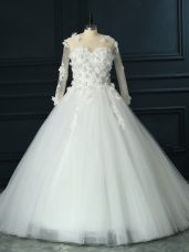 Fashionable White Lace Up Scoop Lace and Appliques Wedding Gowns Tulle 3 4 Length Sleeve Court Train