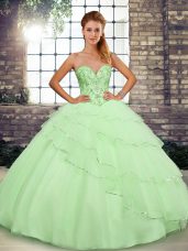 Admirable Yellow Green Ball Gowns Beading and Ruffled Layers Vestidos de Quinceanera Lace Up Tulle Sleeveless
