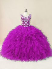 Edgy Fuchsia Tulle Backless 15th Birthday Dress Sleeveless Floor Length Beading