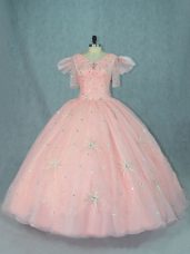 Cute Organza Short Sleeves Floor Length Quinceanera Gown and Beading