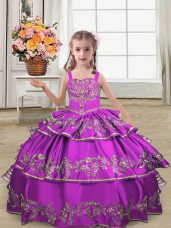 High End Purple Straps Lace Up Embroidery and Ruffled Layers Pageant Gowns For Girls Sleeveless