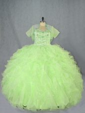 Delicate Yellow Green Ball Gowns Sweetheart Sleeveless Organza Floor Length Lace Up Beading and Ruffles Vestidos de Quinceanera