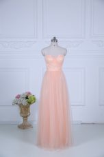 Sleeveless Tulle Floor Length Zipper Quinceanera Court of Honor Dress in Peach with Ruching