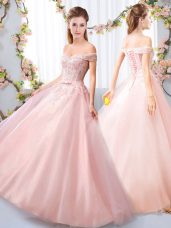 Customized Pink Lace Up Bridesmaid Dress Appliques and Belt Sleeveless Floor Length