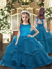 Ruffled Layers Girls Pageant Dresses Teal Lace Up Sleeveless Floor Length