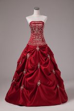 Elegant Taffeta Strapless Sleeveless Lace Up Embroidery and Pick Ups Quinceanera Dresses in Wine Red