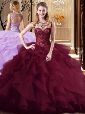 Top Selling Ball Gowns Sleeveless Burgundy 15 Quinceanera Dress Brush Train Lace Up