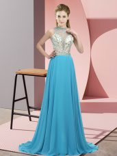 Custom Designed Aqua Blue Homecoming Dress Chiffon Brush Train Sleeveless Beading