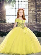 Elegant Lace Up Pageant Gowns For Girls Yellow for Party and Sweet 16 and Wedding Party with Beading Brush Train