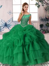 Delicate Beading and Pick Ups Vestidos de Quinceanera Green Zipper Sleeveless Brush Train