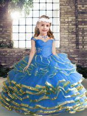 Simple Ball Gowns Pageant Gowns For Girls Blue Straps Tulle Sleeveless Floor Length Lace Up