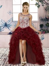 Organza Scoop Sleeveless Lace Up Beading and Ruffles Pageant Dress Toddler in Burgundy