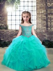 Sleeveless Tulle Floor Length Lace Up Pageant Dress for Teens in Aqua Blue with Beading and Ruffles