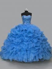 Customized Blue Sleeveless Organza Lace Up Quinceanera Gowns for Sweet 16 and Quinceanera