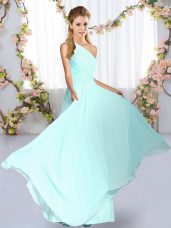 Luxury One Shoulder Sleeveless Quinceanera Court Dresses Floor Length Ruching Blue Chiffon