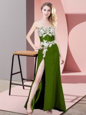 Olive Green Chiffon Zipper Sweetheart Sleeveless Floor Length Dress for Prom Lace and Appliques
