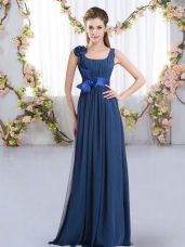 Navy Blue Empire Chiffon Straps Sleeveless Belt and Hand Made Flower Floor Length Zipper Bridesmaid Gown