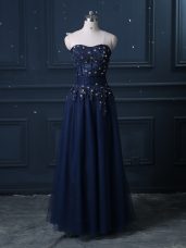 Decent Floor Length Zipper Prom Dresses Navy Blue for Prom and Party and Military Ball and Sweet 16 and Quinceanera with Lace