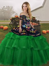 On Sale Green Tulle Lace Up Sweet 16 Dress Sleeveless Brush Train Embroidery and Ruffled Layers