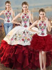 White And Red Organza Lace Up 15th Birthday Dress Sleeveless Floor Length Embroidery and Ruffles
