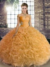 Gold Ball Gowns Beading Quinceanera Dresses Lace Up Fabric With Rolling Flowers Sleeveless Floor Length