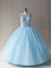 Exceptional Light Blue Tulle Lace Up Scoop Sleeveless Floor Length Quince Ball Gowns Beading