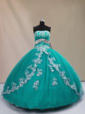 Free and Easy Ball Gowns Quinceanera Dress Turquoise Strapless Tulle Sleeveless Floor Length Lace Up