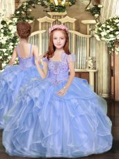 Excellent Blue Lace Up Pageant Gowns For Girls Beading Sleeveless Floor Length