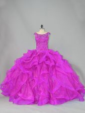 Beautiful Fuchsia Scoop Neckline Beading Quinceanera Dress Sleeveless Lace Up