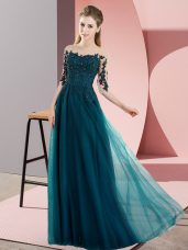 Bateau Half Sleeves Lace Up Bridesmaid Dress Peacock Green Chiffon