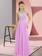 Modest Lilac Sleeveless Floor Length Beading Zipper Prom Dress