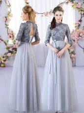 Grey High-neck Lace Up Appliques Damas Dress Half Sleeves