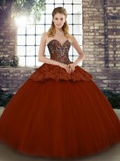 Rust Red Ball Gowns Sweetheart Sleeveless Tulle Floor Length Lace Up Beading and Appliques Vestidos de Quinceanera