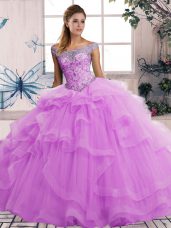 Sleeveless Floor Length Beading and Ruffles Lace Up 15th Birthday Dress with Lilac