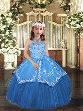 Perfect Blue Sleeveless Floor Length Embroidery Lace Up Girls Pageant Dresses