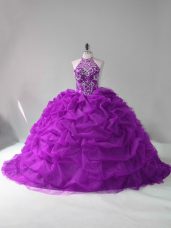 Excellent Purple Ball Gowns Beading and Pick Ups Sweet 16 Quinceanera Dress Lace Up Organza Sleeveless