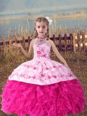 Hot Pink Ball Gowns Beading and Embroidery and Ruffles Pageant Dress for Teens Lace Up Organza Sleeveless Floor Length