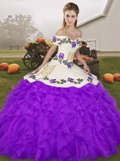 Off The Shoulder Sleeveless Organza Quinceanera Gowns Embroidery and Ruffles Lace Up