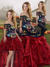 Red And Black Organza Lace Up Off The Shoulder Sleeveless Floor Length Quinceanera Dress Embroidery and Ruffles