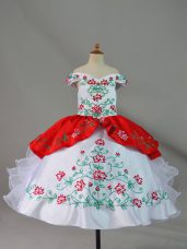 Custom Made Embroidery and Ruffles Pageant Dress for Teens White And Red Lace Up Sleeveless Floor Length