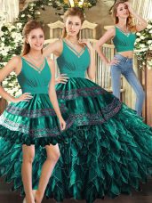 Sleeveless Organza Floor Length Backless 15th Birthday Dress in Turquoise with Appliques and Ruffles