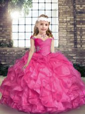 Beautiful Hot Pink Ball Gowns Straps Sleeveless Organza Floor Length Lace Up Beading and Ruffles Little Girls Pageant Dress