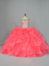 Admirable Off The Shoulder Sleeveless Lace Up Quince Ball Gowns Watermelon Red Organza