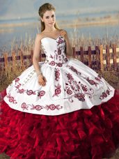 Low Price Red Sleeveless Floor Length Embroidery and Ruffles Lace Up Sweet 16 Dress