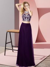 Beauteous Purple Sleeveless Chiffon Backless Evening Dress for Prom and Party