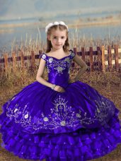 Cute Ball Gowns Little Girls Pageant Dress Purple Off The Shoulder Satin and Organza Sleeveless Floor Length Lace Up