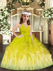 Ball Gowns Pageant Gowns For Girls Olive Green V-neck Tulle Sleeveless Floor Length Zipper