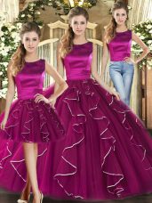 Glittering Tulle Sleeveless Floor Length 15th Birthday Dress and Ruffles