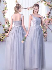 Beauteous Empire Bridesmaids Dress Grey V-neck Tulle Sleeveless Floor Length Side Zipper
