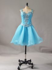 New Arrival Sleeveless Organza Mini Length Zipper Teens Party Dress in Aqua Blue with Beading